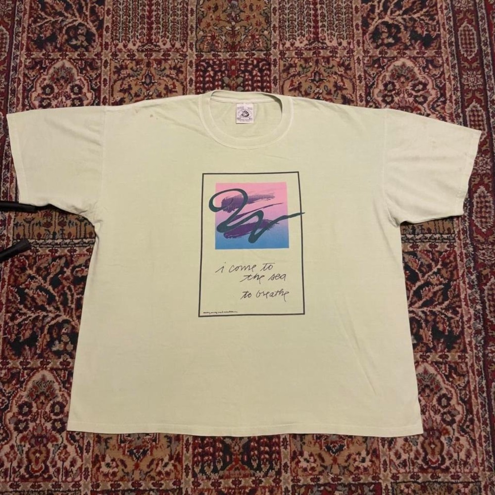 VTG 90s I come to the sea to breathe‎ sage green poetry art tee shirt XL faded